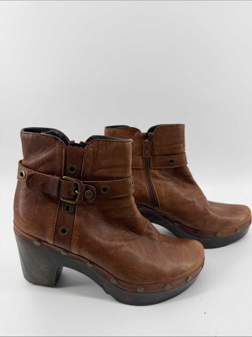 Stuart Weitzman Brown Leather Belted Clog Platform Moto Booties‎ 10